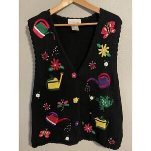 Mandal Bay Sweater Vest Womens 2XL Black Embroidered Garden Floral Butterfly Y2K